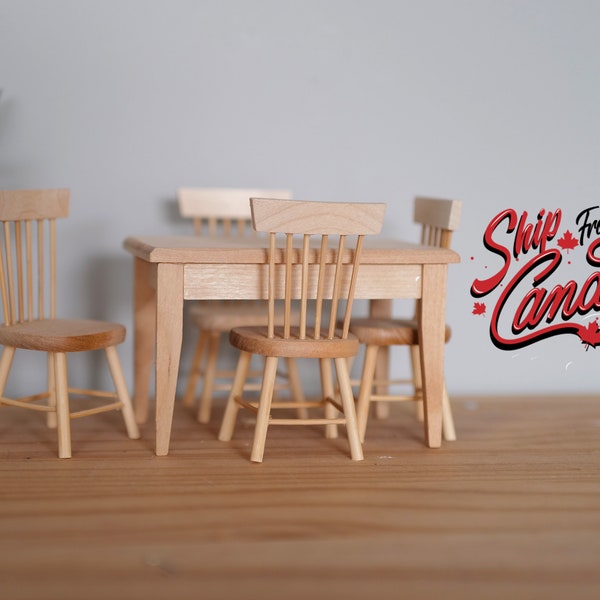 Table et chaises inachevées miniatures pour maison de poupée à l'échelle 1:12 / Table à manger / Table de préparation de cuisine en bois inachevée / Ensemble de 5 meubles inachevés