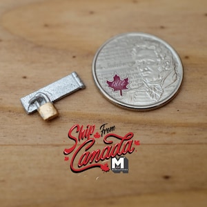 May include: A miniature silver metal door with a gold padlock. The door is about the size of a Canadian twenty-five cent coin.