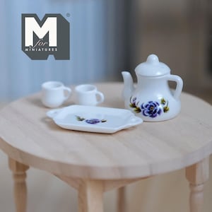 Miniature 4 Piece Teapot Set 1:12 Scale Miniature Teacups Tray and Teapot 7/8 inch dia.  - B023