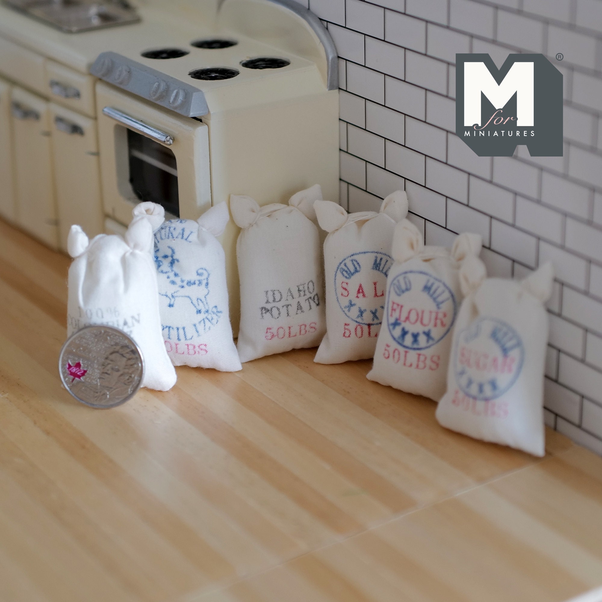 Dollhouse Miniature Sacks of Flour , Sugar , Salt , Coffee Beans ...