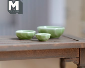 Poppenhuisbenodigdheden miniatuur keramische kommen slakom set van 3 (GROEN) - A045