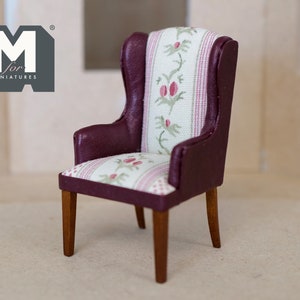 Dollhouse Supplies faux leather and fabric armchair 1:12 scale miniature high back dining chair - K019