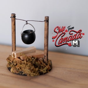 1:12 Dollhouse Supplies garden decoration miniature wood fire pit with fire logs and hanging pot - D086