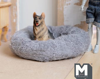 Miniature Plush Dog Bed Large Size 1:12 Scale Pet Bed 4-3/4 inch dia. (fabric) (gray) - J004