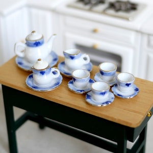 Dollhouse porcelain ceramic teapot tea 14 piece set doll house teapot tea cups tray parlour miniature - A036