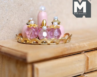 Dollhouse miniature fragrant set 1:12 scale vanity set 7 bottles on metal tray 15/16 inch tall - F036