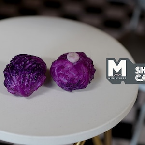 Könnte beinhalten: Zwei kleine lila Kohlköpfe, einer mit einem kleinen weißen Kreis obenauf, auf einer runden weißen Oberfläche.