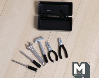 Miniature Metal Tool Box Set 1:12 Scale Tools Screw Driver Wrench Hammer 1 inch long (black) - H035