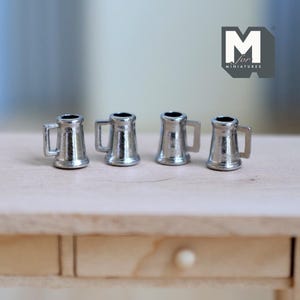 Miniature Metal Mugs 1:12 Scale Dollhouse Pewter Tankard Beer Mugs Set of 4 - F046