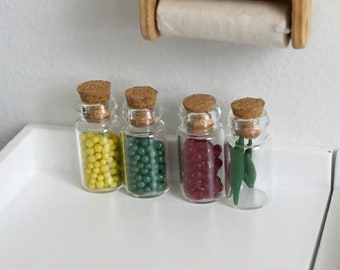 1:12 Dollhouse miniature glass kitchen spice seasoning container bottle set of 4 with corks and ingredients - E091