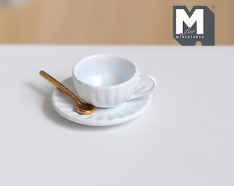 Miniature Cup Saucer and Spoon Set 1:12 Scale Dollhouse Drinkware Set of 3 (white) (large) - F077