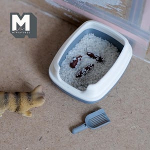 May include: A miniature white litter tray with a grey rim, filled with white litter and brown cat poo. A small grey plastic scoop is next to the litter tray. A miniature brown and white tabby cat is looking at the litter tray.