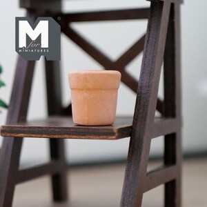 Op de afbeelding: Een klein terracotta bloempotje staat op een houten plank. De plank maakt deel uit van een miniatuur houten ladder.