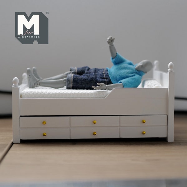 1:12 Dollhouse Miniature Wooden Daybed with Mattress Pillow Trundle Drawer (Beige) - B007