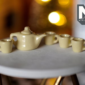 Dollhouse Miniatures Ceramic yellow teapot tea 5 piece set doll house teapot tea cups tray parlour miniature - A016