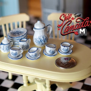 Dollhouse miniature porcelain ceramic teapot and cups 15 piece set leaves teapot - A050