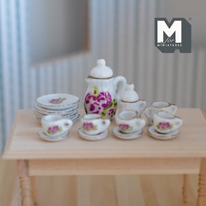 Dollhouse miniature porcelain ceramic teapot and cups 15 piece set flowers and leaves- A063
