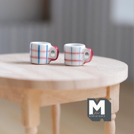 1:12 Scale Miniature Ceramic Coffee Mugs Set of 2 Dollhouse Tea Cups 7/16  inch tall - A076