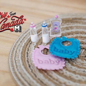 1:12th Dollhouse Supplies Miniature Infant Set, Miniature Baby Oil, Baby Bib, Miniature Nursing Feeding Bottle - G064