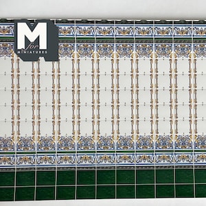 1:12 Scale Miniature Mediterranean Embossed Tile Wall with Green Dado, 17 x 14 Tiles, 10-13/16 x 5-7/8 inch, DIY Dollhouse Supply