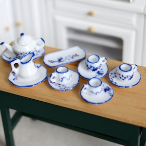 Dollhouse porcelain ceramic teapot tea 13 piece set teapot tea cups tray - A037