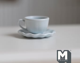 Miniature Coffee Cup and Saucer Set 1:12 Scale Dollhouse Tea Cup Drinkware Set of 2 (light blue) (metal) - F074