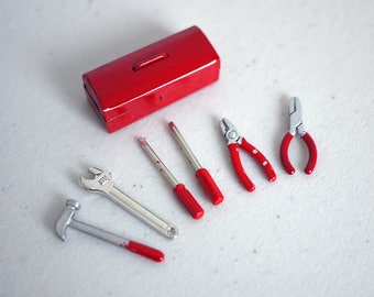 Miniature Metal Tool Box Set 1:12 Scale Tools Screw Driver Wrench Hammer 1 inch long (red) - H035