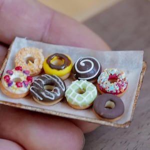 May include: A miniature rectangular tray holding nine small, detailed donut replicas. The donuts feature various toppings including chocolate glaze, white icing drizzles, colorful sprinkles, and textured coatings in shades of brown, yellow, and green.