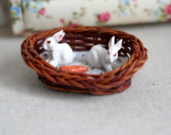 1:12 Dollhouse Miniature Rabbits in the Basket miniature animals - C063