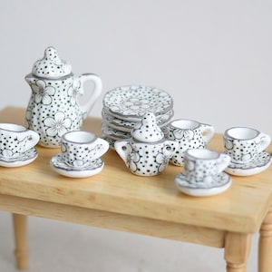 Dollhouse miniature porcelain ceramic teapot and cups 15 piece set leaves teapot - A049