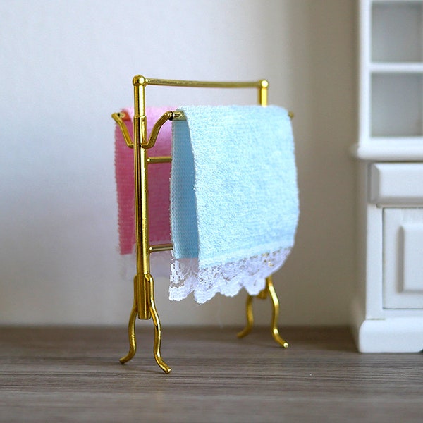 Dollhouse miniature 1/12 bathroom towel rack stand with 2 towels D032