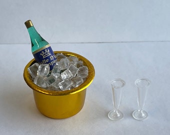 1:12 Dollhouse Miniature Ice Bucket with Wine bottle and Ice, Wine Glasses Set of 3 Miniature Wine Bottle , Miniature Wine Glasses - B032