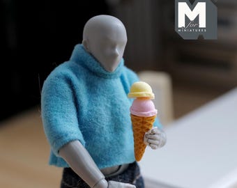 Helado miniatura de limón y fresa a escala 1:12 para casa de muñecas. Comida de juguete. Cono de gofre grande de 2,8 cm de alto (1-1/8 pulgadas) - E046
