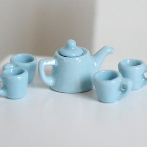 Dollhouse miniatures Ceramic blue teapot tea 5 piece set doll house teapot tea cups tray parlour miniature - A016