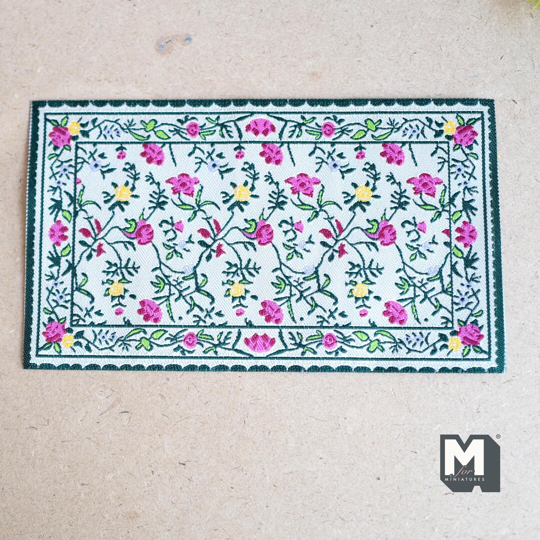 Dollhouse Floral Rug 1:12 Scale Miniature Carpet Green Area Rug 6-9/16 ...