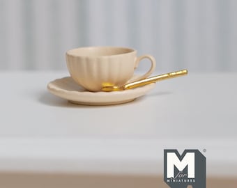Miniature Cup Saucer and Spoon Set 1:12 Scale Dollhouse Drinkware Set of 3 (beige) (large) - F077