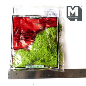 May include: A bag of light green lichen, labelled "Javis Countryside Scenics" and "Javis Light Green Lichen". The bag is 15 cm wide and 20 cm tall.