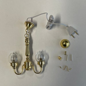 Dollhouse Miniature Globe Chandelier Pendant Light, 2 Up-Arm Clear Globes, 12V LED Lights, 1:12 Scale Model - From Cir Kit - K050