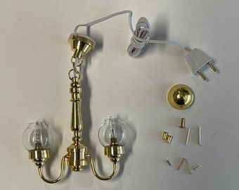 Dollhouse Miniature Globe Chandelier Pendant Light, 2 Up-Arm Clear Globes, 12V LED Lights, 1:12 Scale Model - From Cir Kit