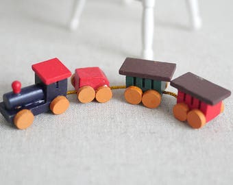 Miniature Wooden Train , 1:12 Scale Small Train with 3 Carts - D045