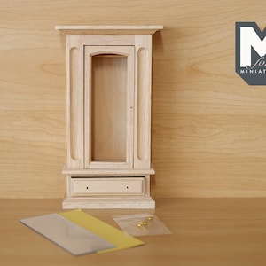 1:12 Unpainted unfinished dollhouse miniature wooden dresser cabinet with mirror swing door and 4 drawers - I003