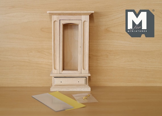 1:12 Unpainted unfinished dollhouse miniature wooden dresser cabinet with mirror swing door and 4 drawers - I003