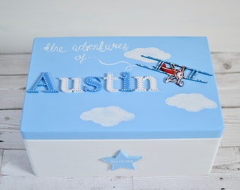 Personalised Keepsake Boxes for Baby,  Aeroplane Design Wooden Memory Box, Baby Keepsake Box, Children's Memory Box, The Adventures of,