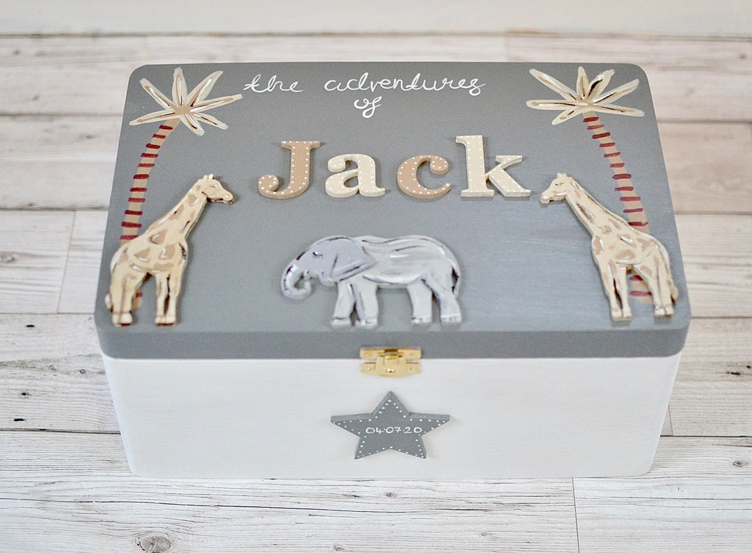Personalised Wooden Baby Keepsake Box, Jungle Design Memory Box, Time