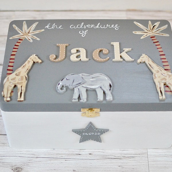 Personalised Wooden baby keepsake box, Jungle design Memory Box, Time capsule box, Keepsake Box, Children's Memory Box, The Adventures of,
