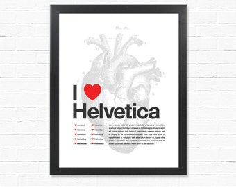 I Love Helvetica - Digital Print - Anatomical Heart Typography Poster - Downloadable Poster - Printable Wall Art - Instant Download Poster