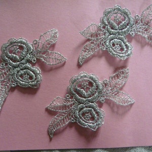 Vintage Bordado Hilo de Plata Motivo Floral - Artesanía / Adornos para Hacer Tarjetas x 3