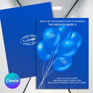 Severance Birthday Invitation: Lumon Inspired Blue Balloons (Canva Template)
