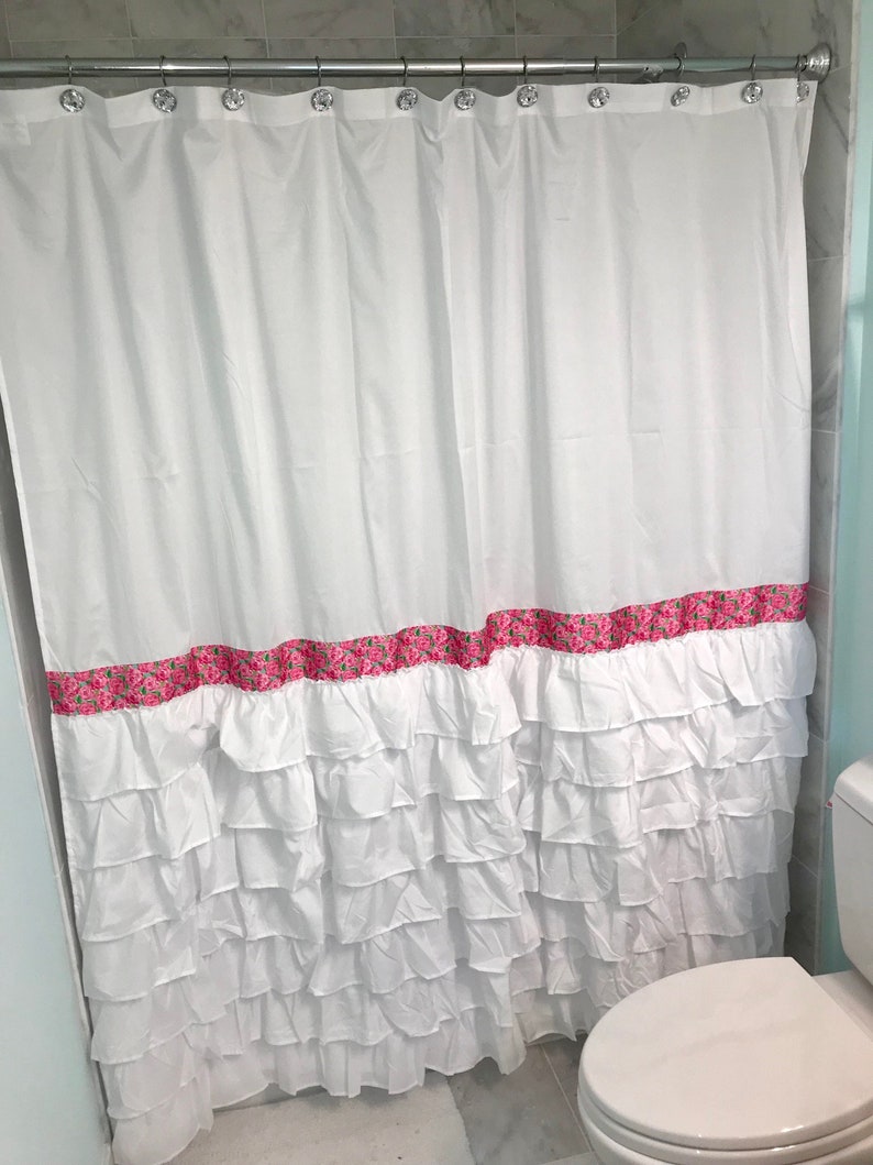 White Ruffle Ribbon Shower Curtain Lilly Pulitzer Hpfi Ygr Etsy