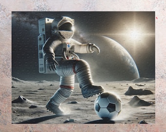 Rompecabezas de astronauta futbolero en la Luna: regalo con temática espacial